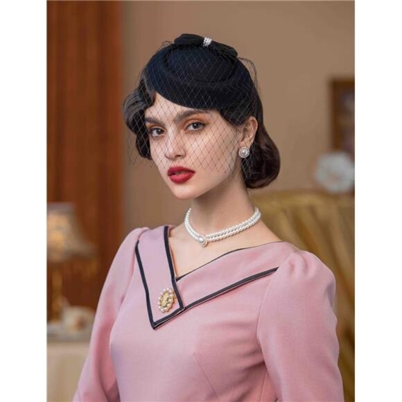 Fascinators for Women Tea Party Hats 20s 50s Pillbox Hat Birdcage Veil - Picture 2 of 7